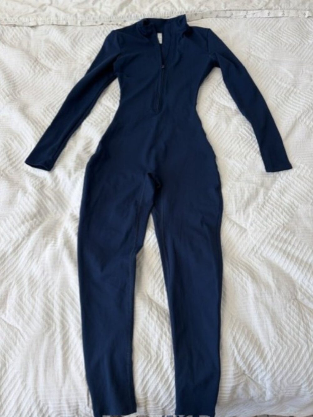 Navy Blue Long Sleeve Zip Front Catsuit Jumpsuit | Mock Neck | Size S